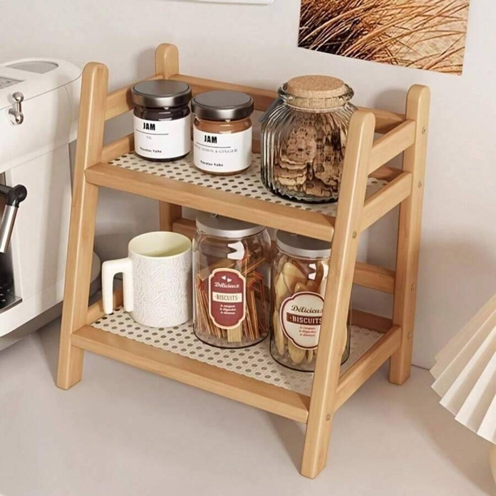 Commercial Kitchen Shelving - 2-stufiges Bambus-Ablagegestell für die Arbeitsplatte, Holz-Desktop-Organizer-Regal,
