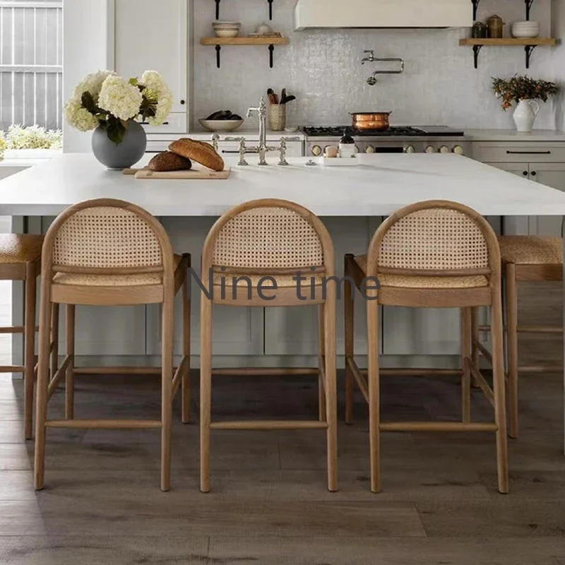 Commercial Kitchen And Bar - Massivholz-Rattan Küchenbarhocker mit Armlehnen, Design-Salonstühle, Hochstühle
